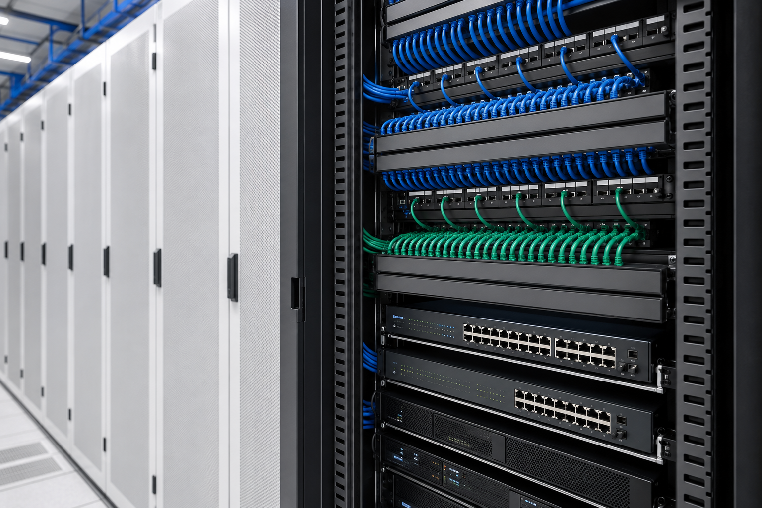 Rack moderno com cabeamento estruturado organizado